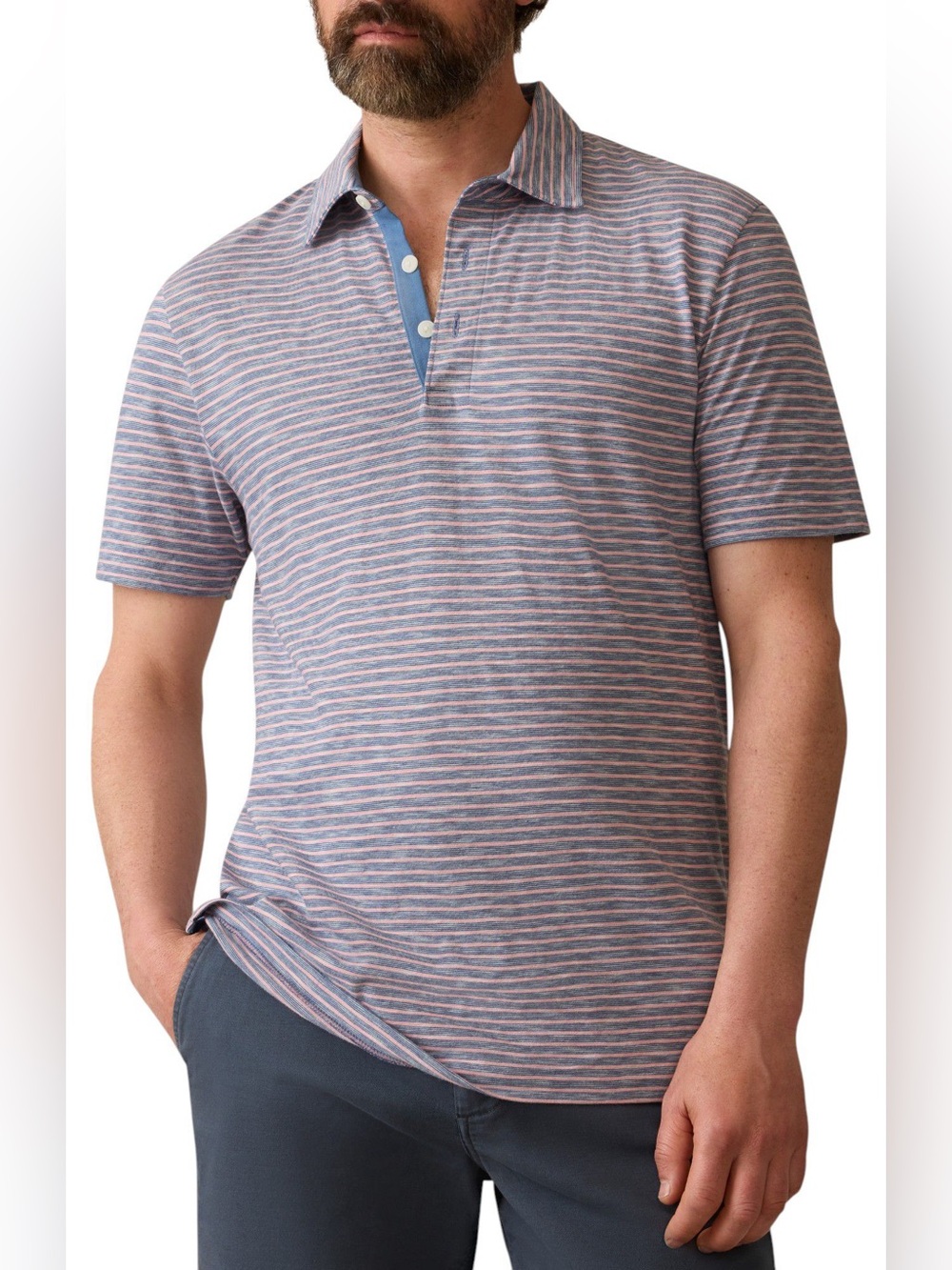Faherty Men’s Sunwashed T-Shirt Polo Blue/Pink Stripes Short Sleeves - Medium